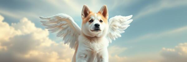 Dog with angelic wings stands gracefully against the backdrop of a vibrant sky at sunset over a serene landscape photo