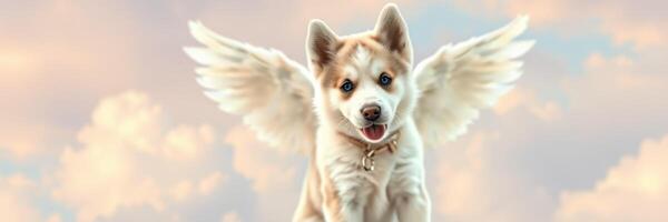 Cute dog with angel wings looks happy against a colorful sky background photo