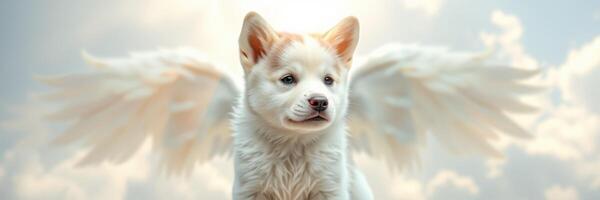 Cute puppy with angelic wings posing against a soft cloud background during golden hour light photo
