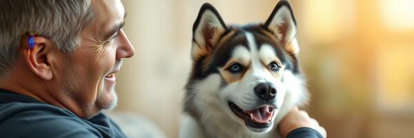 Man enjoys quality time with his happy dog in a cozy indoor setting during the afternoon photo