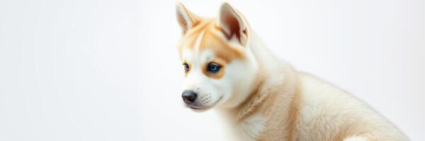 Puppy sits calmly with a curious expression in a well-lit indoor setting photo