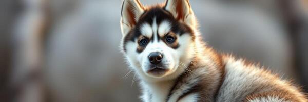 Curious husky puppy looking directly at the camera in an outdoor setting during daylight hours photo