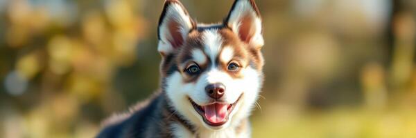 Happy puppy enjoying a sunny day in the park with vibrant greenery all around photo