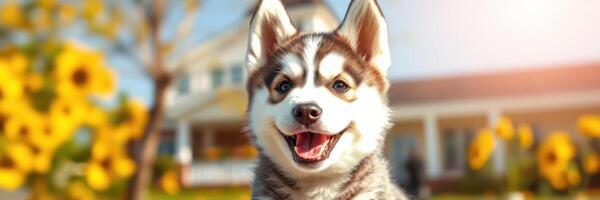 Happy husky puppy smiling in a sunflower field during a warm sunny day at a quaint country house photo