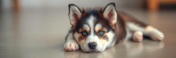 Cute puppy lying on a smooth floor while looking curiously in a cozy indoor environment photo