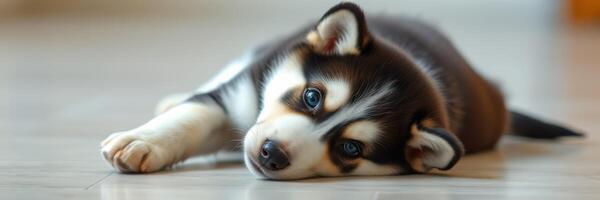 Cute puppy relaxing on floor in a cozy indoor setting during a sunny afternoon photo