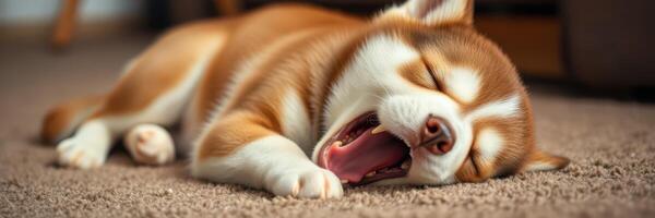 Cute husky puppy yawning while sleeping on a soft carpet in a cozy living room during the afternoon photo