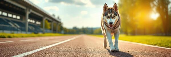 Husky walking along a running track in a sunny afternoon setting with lush greenery in the background photo