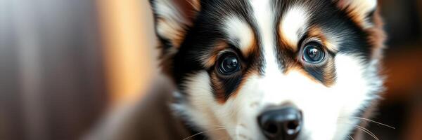 Cute fluffy dog with expressive face sitting indoors during a sunny afternoon photo