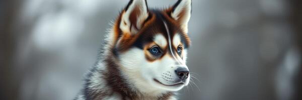 Husky quietly gazing into the distance in a snowy forest during winter at dusk photo