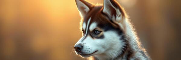 Portrait of a husky puppy in soft golden light during early morning photo