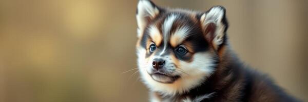 Cute puppy sitting in soft light outdoors with a curious expression on its face photo