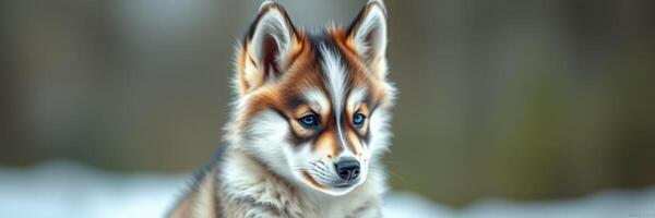 Cute furry dog with striking features exploring a winter landscape in soft daylight photo