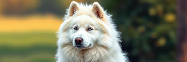 Samoyed dog sitting majestically in a lush green field during a bright sunny day photo