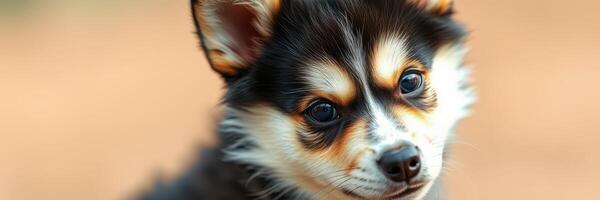 Cute fluffy dog with expressive eyes playing outdoors in a sunny field photo