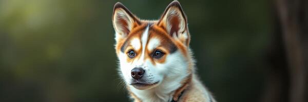 Husky puppy sitting outdoors with a soft focus background during golden hour light photo