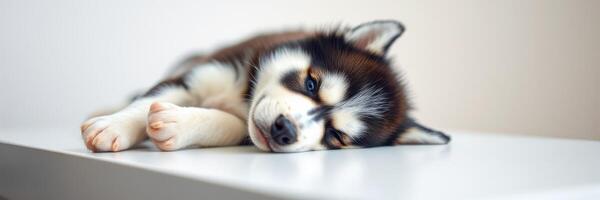 Sleeping husky puppy resting on a table in a cozy indoor environment during daytime hours photo