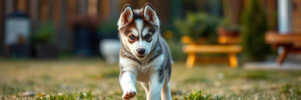 Cute husky puppy running across a grassy yard in the afternoon sunlight enjoying playtime outdoors photo