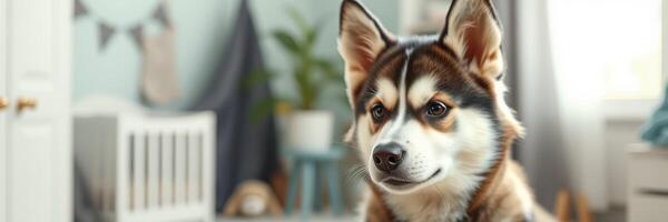 Playful dog relaxing in a cozy nursery room with modern decor and soft natural light photo