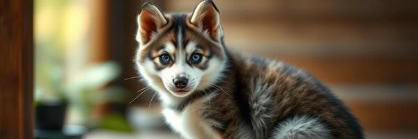 Beautiful husky puppy in a cozy indoor setting with soft lighting photo