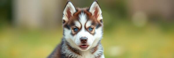 Cute husky puppy with striking blue eyes sitting in a sunny outdoor setting while displaying playful curiosity photo