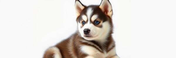 Cute husky puppy poses playfully with bright blue eyes in a light background, showcasing its playful and curious nature photo