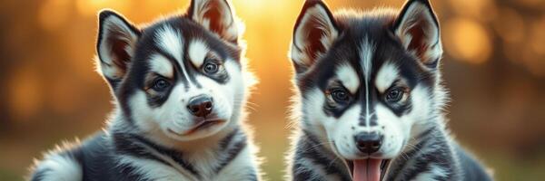 Two adorable husky puppies playing outdoors during golden hour in a natural setting photo