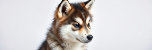 Cute husky puppy sits quietly against a plain background, showcasing its fluffy fur and expressive eyes photo