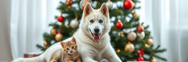 Dog and cat relaxing together near a decorated Christmas tree in a cozy living room photo