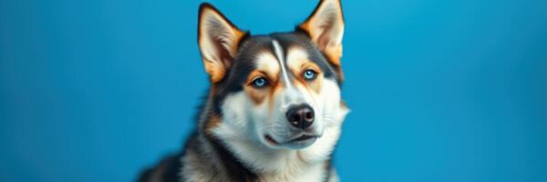 Calm dog poses against a bright blue background with striking blue eyes and a fluffy coat photo