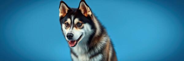 Beautiful husky dog posing against a bright blue background with a joyful expression during a studio session photo