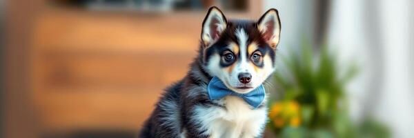 Playful puppy wearing a blue bow tie posed in a cozy indoor setting surrounded by vibrant plants photo