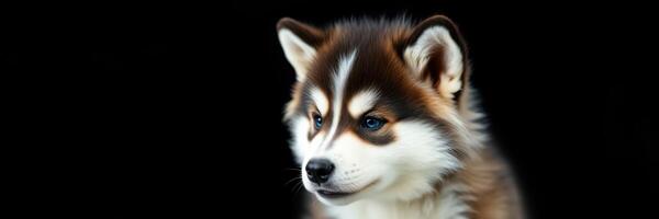 Beautiful male Alaskan Malamute posing against a sleek black background showcasing its unique coat and striking eyes in a close-up photo