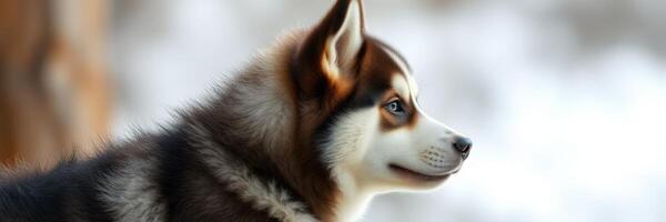 Siberian husky puppy stands gracefully against a snowy backdrop in a picturesque winter setting photo