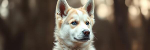 Majestic husky dog standing in a forest during the golden hour photo