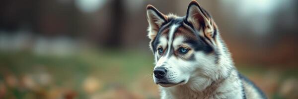 Beautiful husky dog standing in a park surrounded by autumn leaves during a sunny afternoon photo