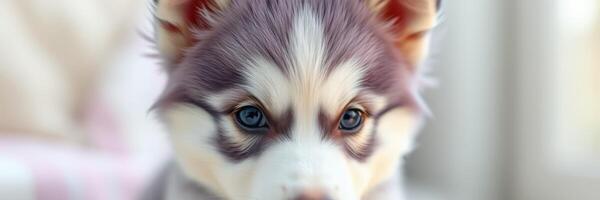 Husky puppy with striking blue and brown eyes sitting indoors in soft natural light photo