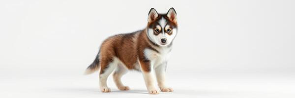 Husky puppy standing in a studio setting showcasing its playful and curious nature photo