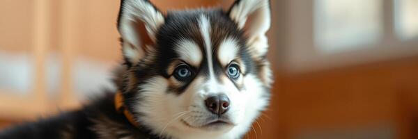 Puppy sits calmly indoors with striking blue eyes and distinct coat pattern in a cozy living space photo