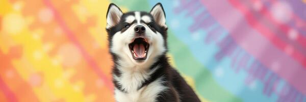 Happy husky puppy sitting against a colorful rainbow background with an excited expression photo