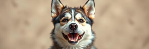 Happy dog sitting outdoors with a joyful expression and lively demeanor, enjoying the day in a sunny environment photo
