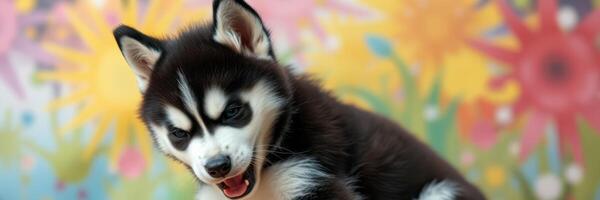 Cute black and white husky puppy playing against a colorful floral background photo