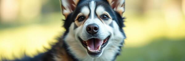 Happy dog enjoys playing outdoors in a sunny park surrounded by greenery and trees, showcasing a joyful moment during a fun day photo