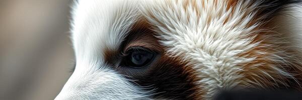 Close-up view of a dog's face revealing intricate fur patterns and deep, expressive eyes photo