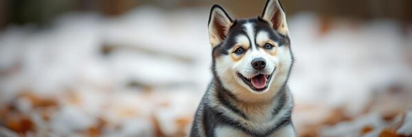 Happy dog enjoys the autumn leaves while sitting outdoors in a park during the golden hour photo