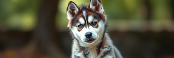 Cute husky puppy looking curiously at the camera in a sunny outdoor setting photo