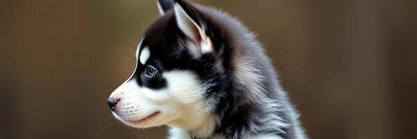 Cute husky puppy looking to the side in a cozy indoor setting photo