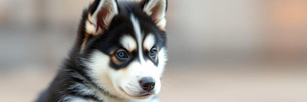 Cute Siberian husky puppy resting on a soft surface in a cozy indoor setting during daylight photo