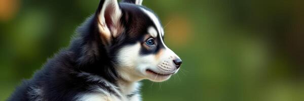 Cute husky puppy sitting outdoors during sunny weather in a grassy area with a blurred background photo