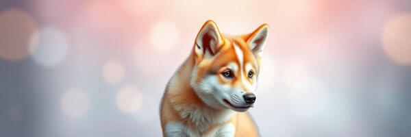 Beautiful shiba inu dog with soft fur and expressive eyes against a colorful blurred background at sunset photo